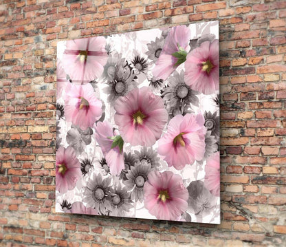 Pink Gray Hollyhock Glass Wall Art