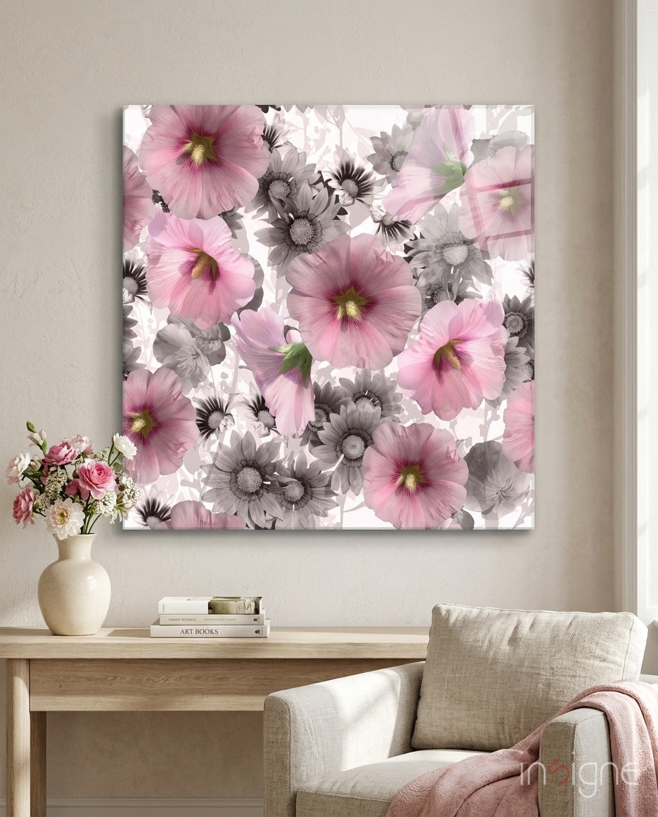 Pink Gray Hollyhock Glass Wall Art