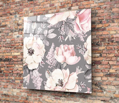 Blush Roses on Gray Flower Glass Wall Art