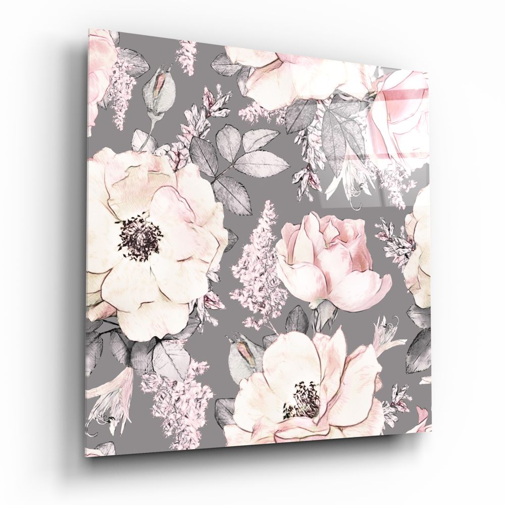 Blush Roses on Gray Flower Glass Wall Art