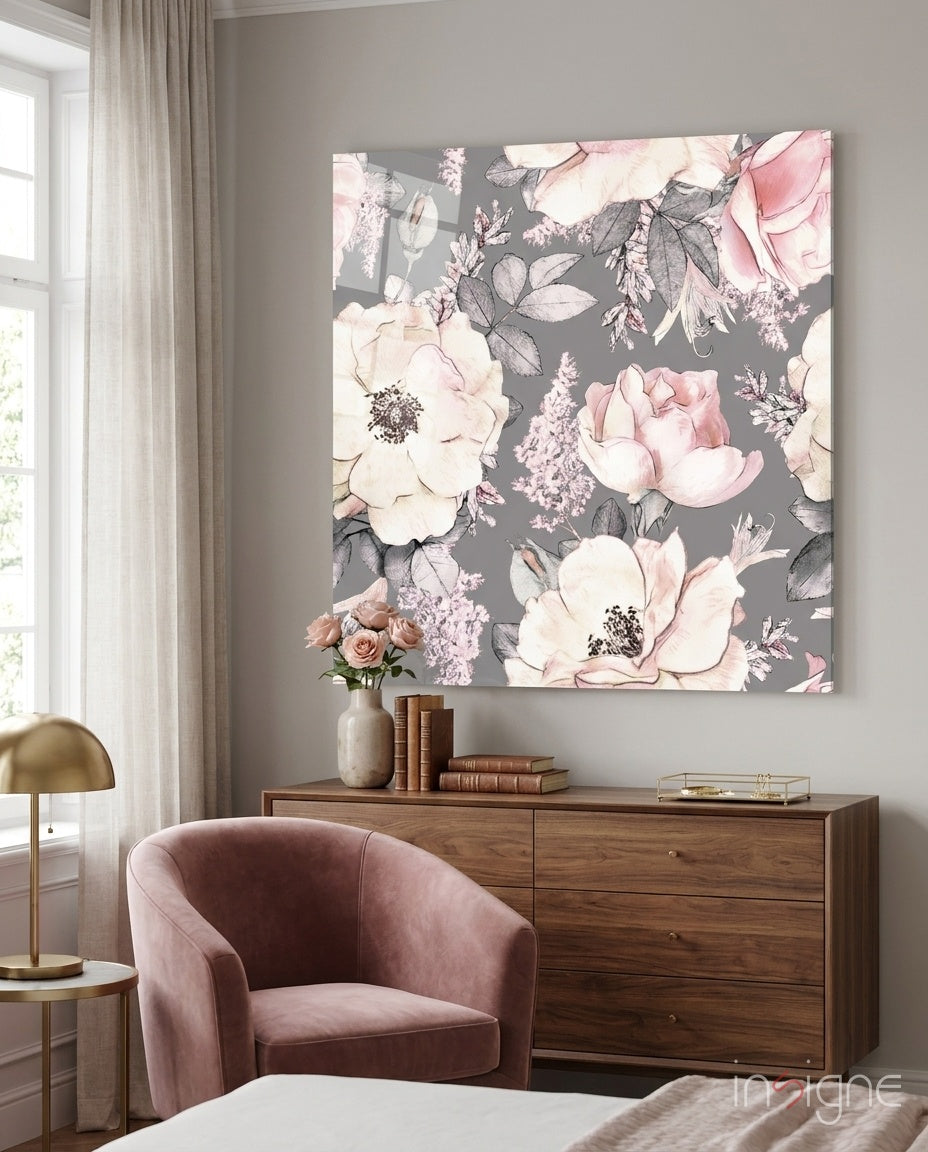 Blush Roses on Gray Flower Glass Wall Art