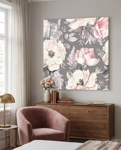 Blush Roses on Gray Flower Glass Wall Art