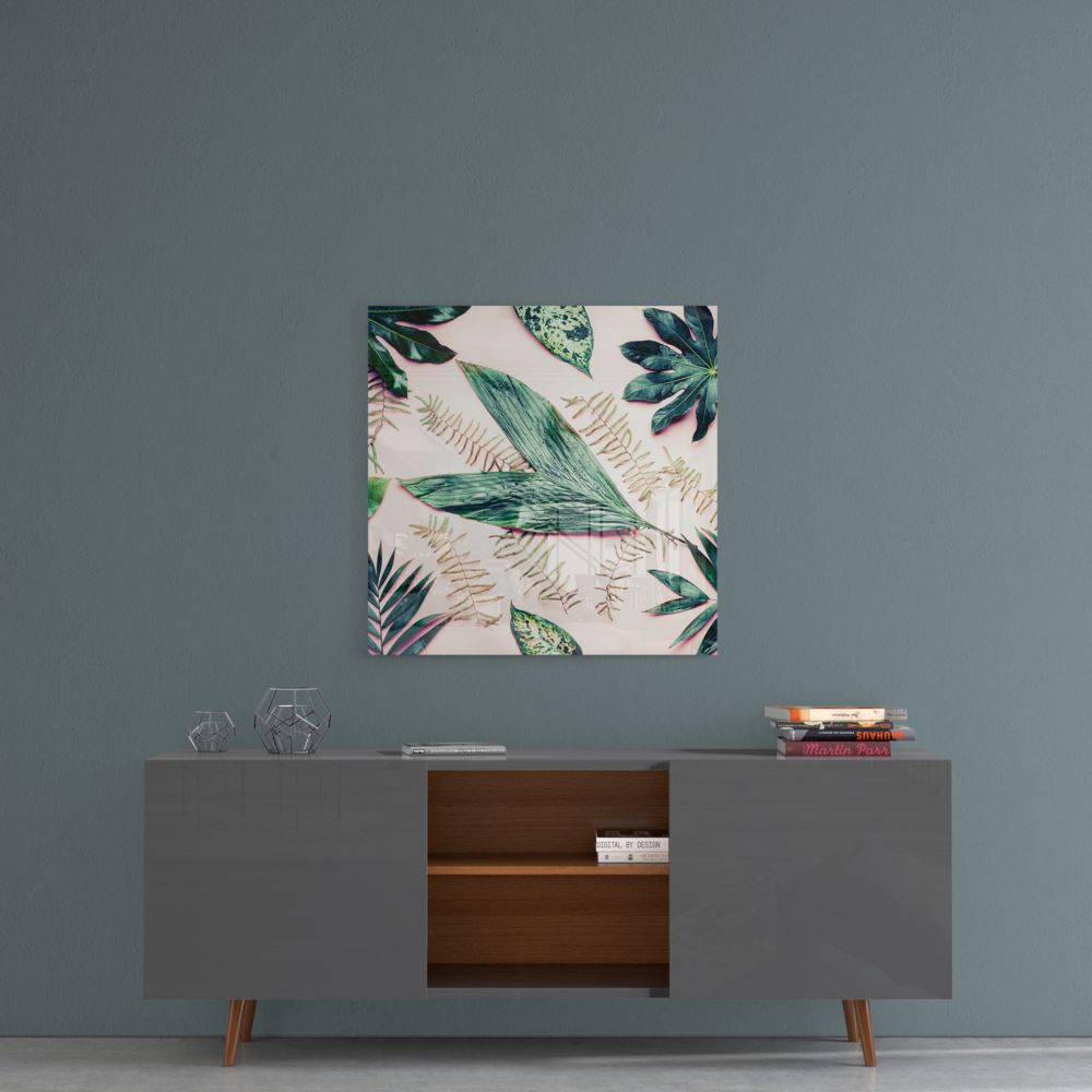 Green Fern Flat Lay Tropical Leaves Glass Wall Art