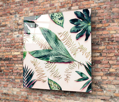 Green Fern Flat Lay Tropical Leaves Glass Wall Art
