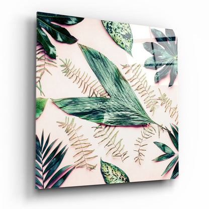 Green Fern Flat Lay Tropical Leaves Glass Wall Art