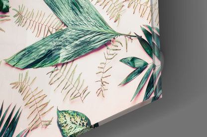 Green Fern Flat Lay Tropical Leaves Glass Wall Art