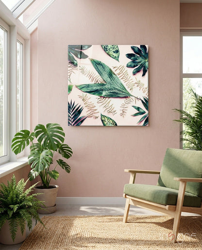 Green Fern Flat Lay Tropical Leaves Glass Wall Art