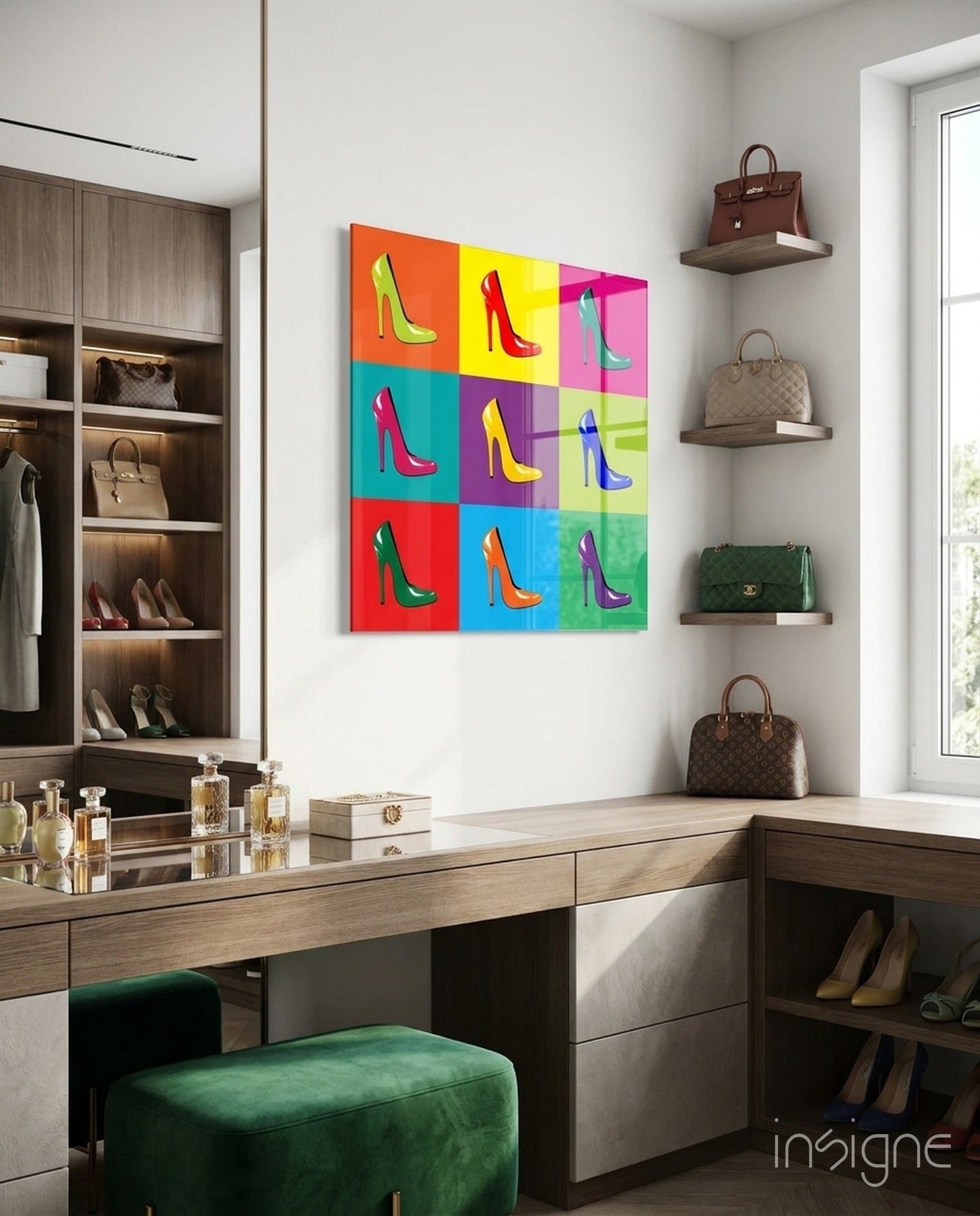 Pop art style high heels canvas displayed above wooden vanity in luxury walk-in closet with designer handbags.