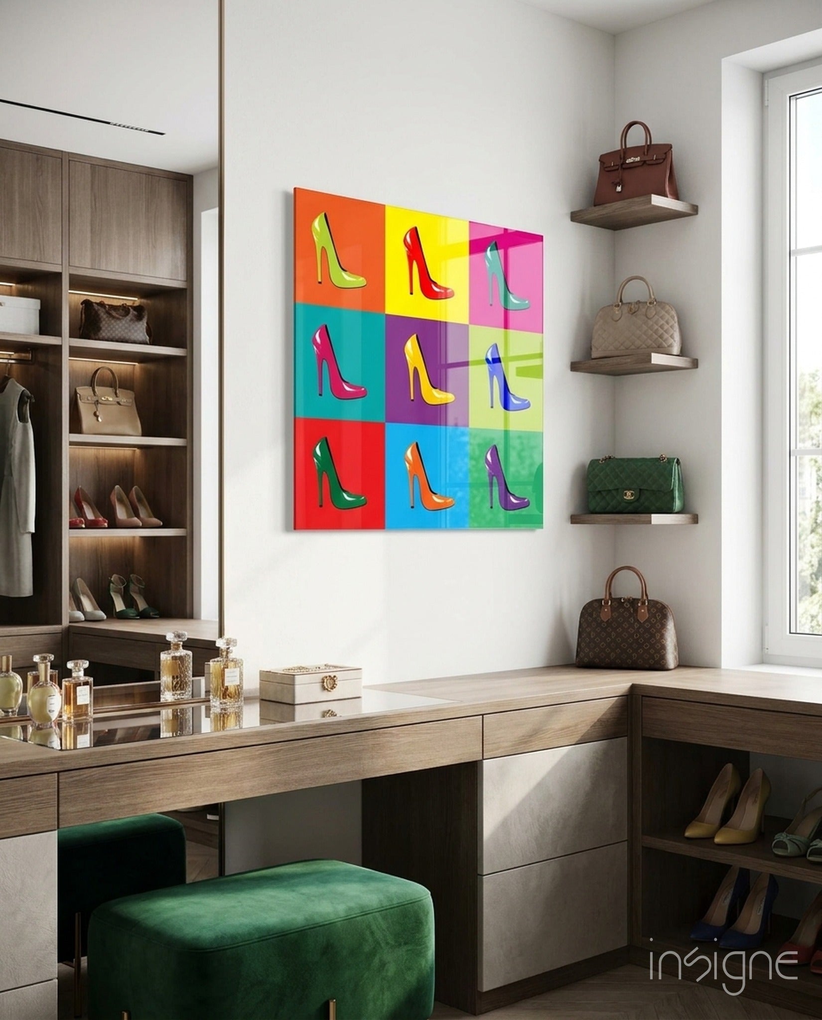 Pop art style high heels canvas displayed above wooden vanity in luxury walk-in closet with designer handbags.