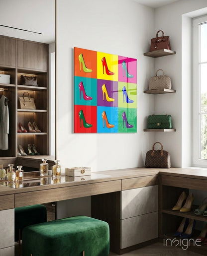 Pop art style high heels canvas displayed above wooden vanity in luxury walk-in closet with designer handbags.