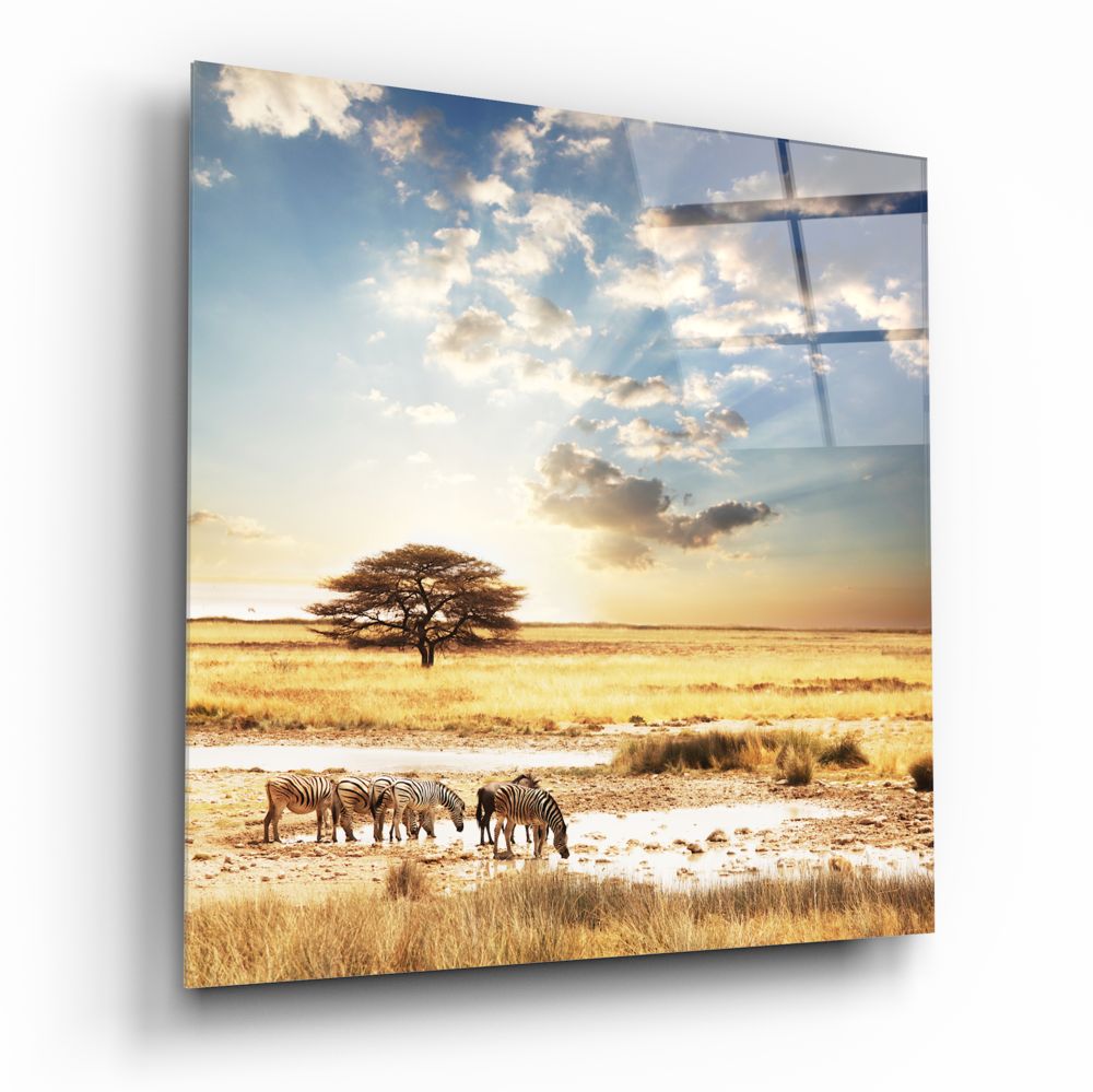 Glass wall art displaying African savanna landscape with zebras at watering hole, acacia tree, golden grassland, and cloudy sky.