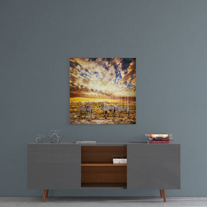 Sunset Cloudscape Zebra Herd Glass Wall Art