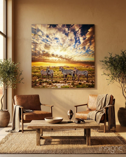 Sunset Cloudscape Zebra Herd Glass Wall Art