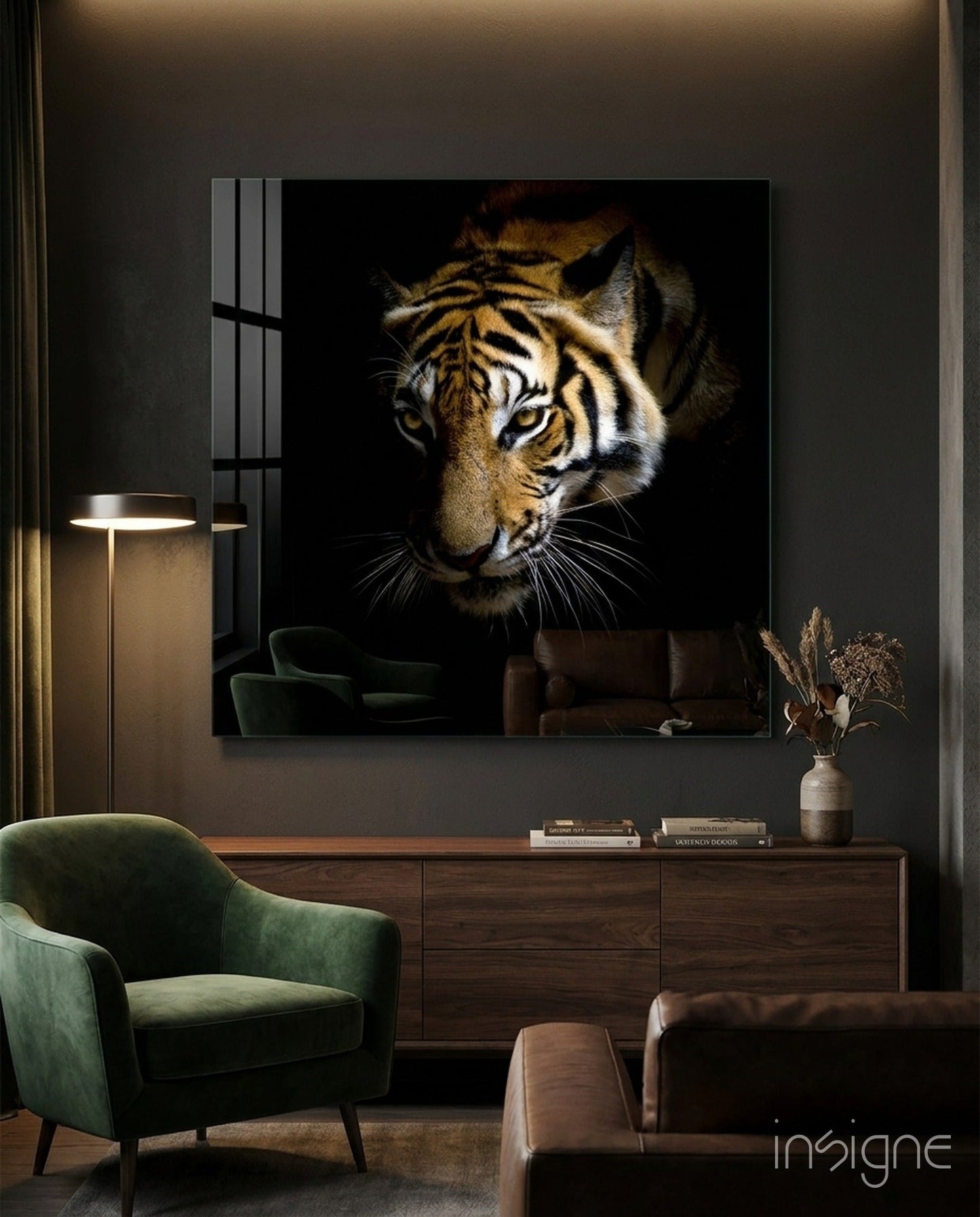 Golden Tiger Dark Backdrop Glass Wall Art