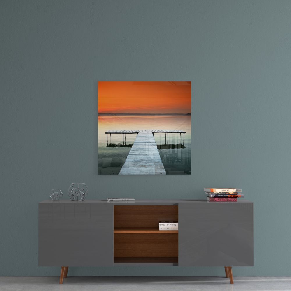 Vivid Orange Sky Teal Lake Dock Glass Wall Art