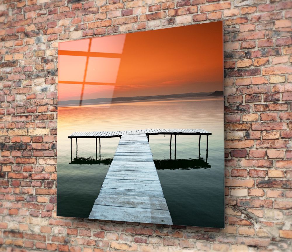 Vivid Orange Sky Teal Lake Dock Glass Wall Art