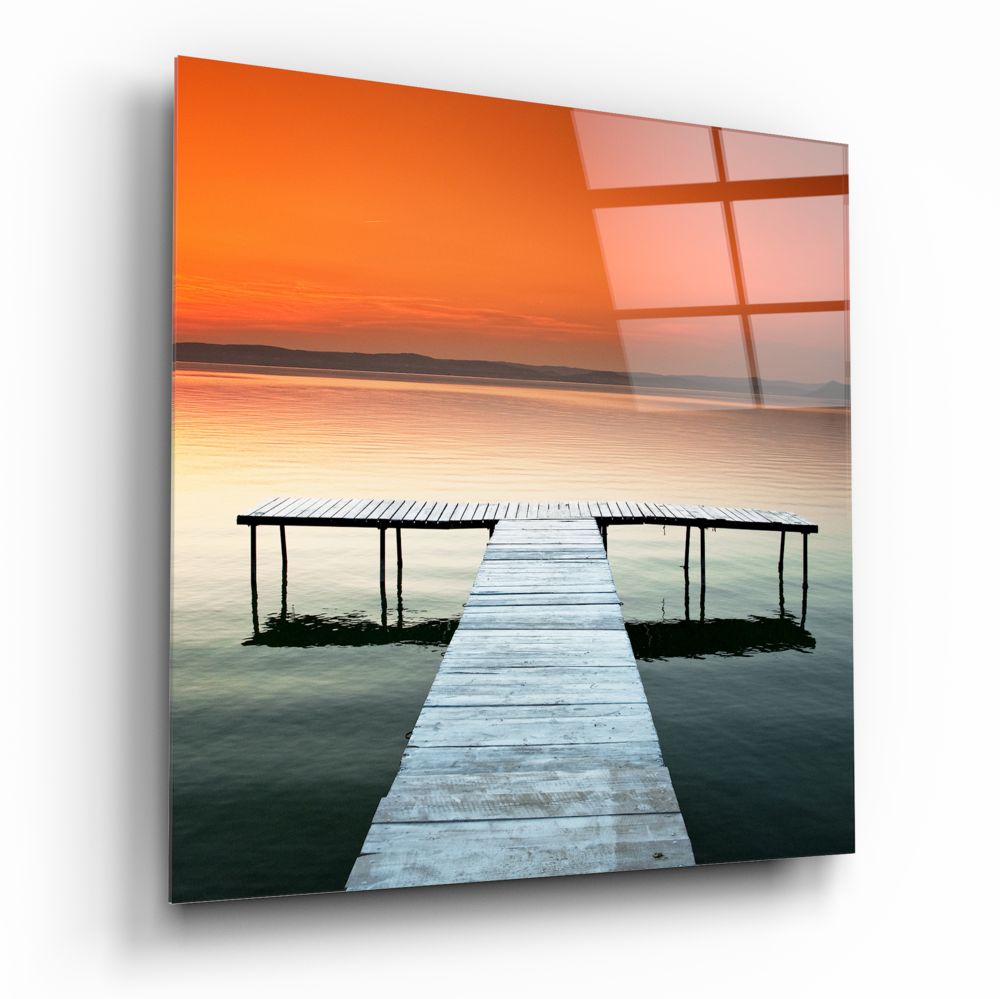 Vivid Orange Sky Teal Lake Dock Glass Wall Art
