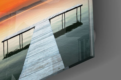 Vivid Orange Sky Teal Lake Dock Glass Wall Art