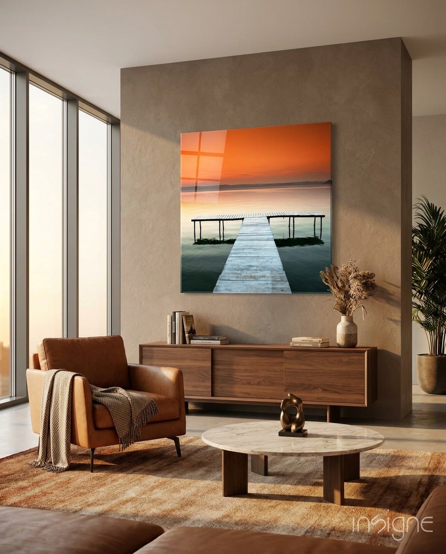 Vivid Orange Sky Teal Lake Dock Glass Wall Art