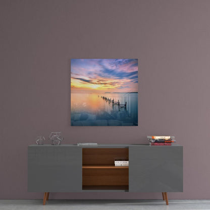 Calm Sea Jetty Sunset Glass Wall Art