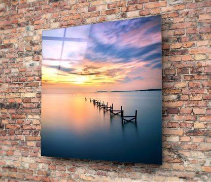 Calm Sea Jetty Sunset Glass Wall Art