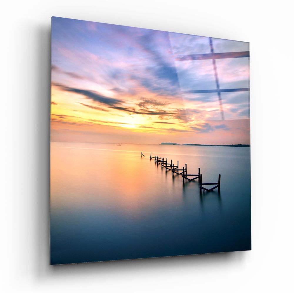 Calm Sea Jetty Sunset Glass Wall Art