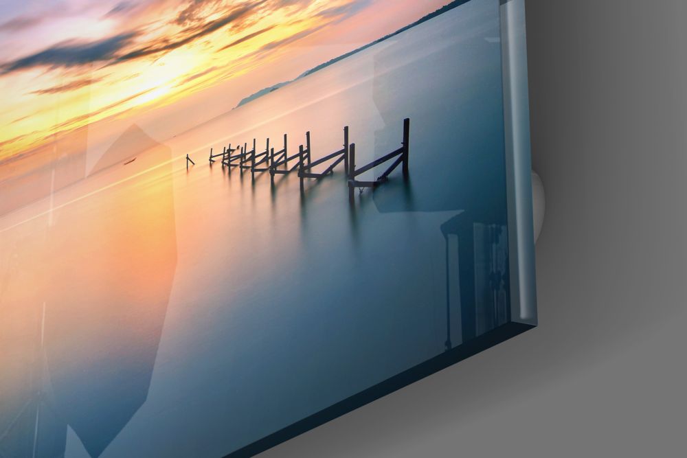 Calm Sea Jetty Sunset Glass Wall Art