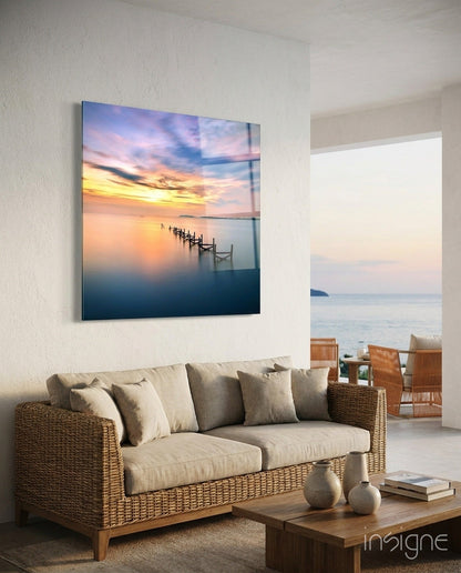 Calm Sea Jetty Sunset Glass Wall Art