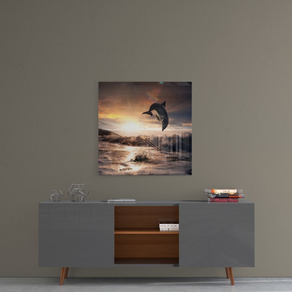Dolphin Over Sepia Surf Square Glass Wall Art