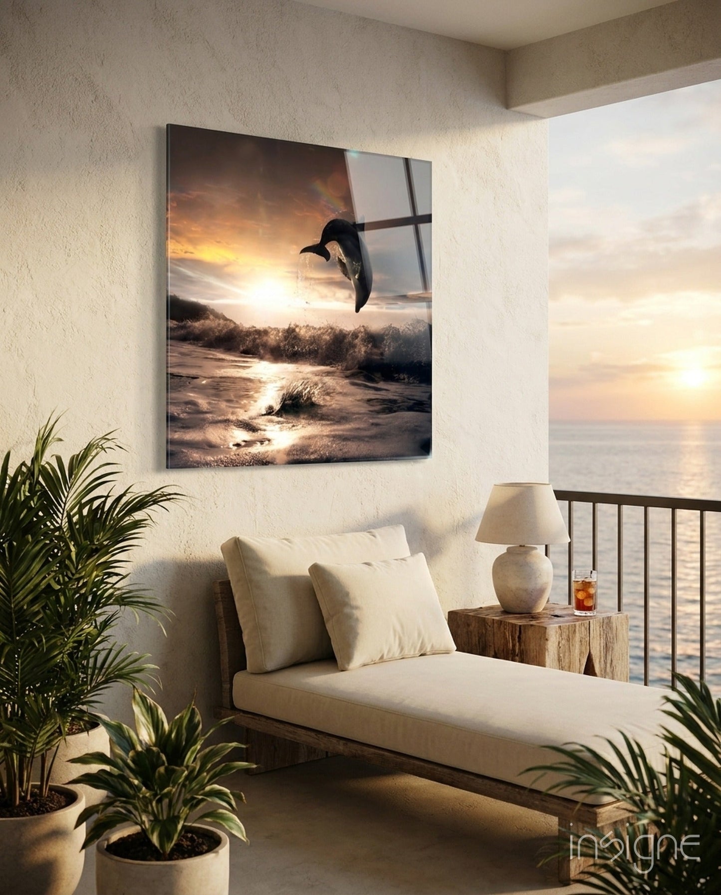 Dolphin Over Sepia Surf Square Glass Wall Art