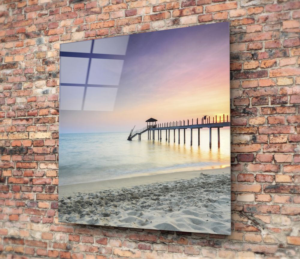 Colorful Sunset Beach Boardwalk Pier Glass Wall Art