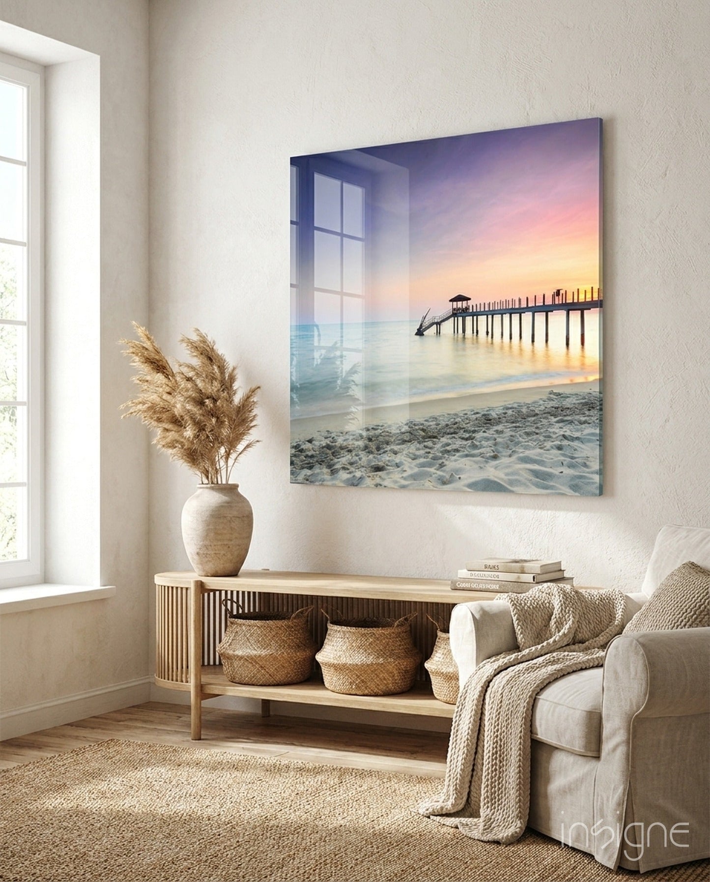 Colorful Sunset Beach Boardwalk Pier Glass Wall Art