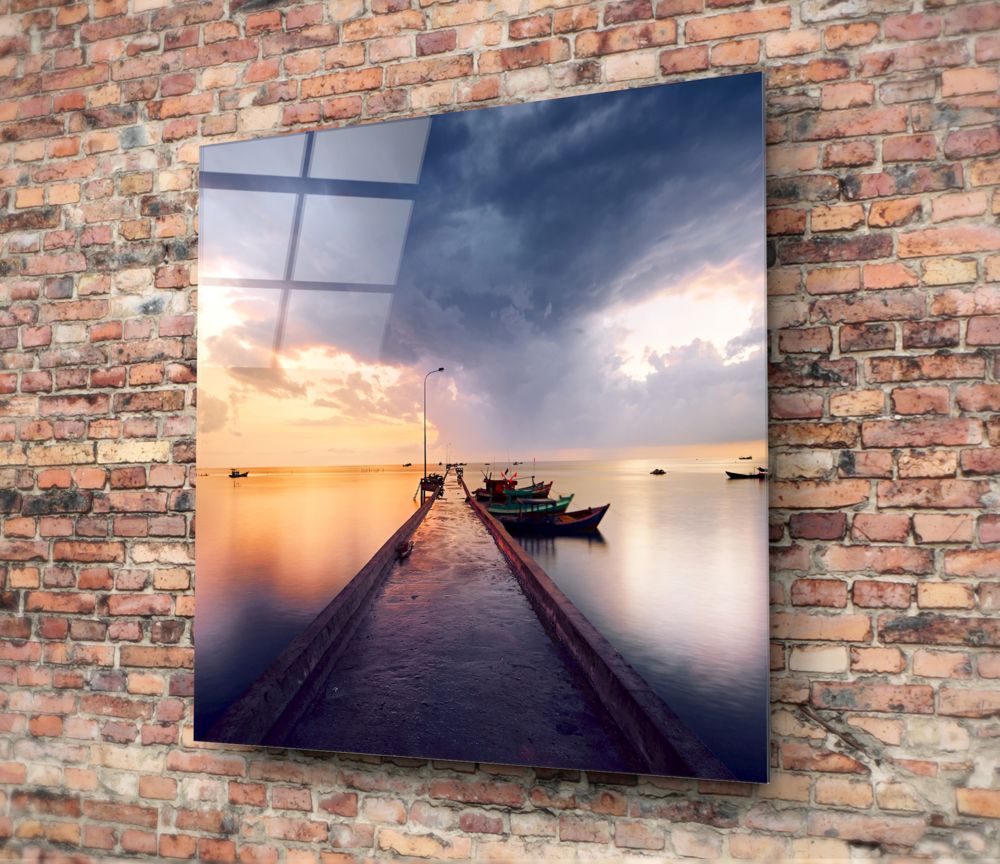 Sunset Jetty and Boats Dock Glass Wall Art