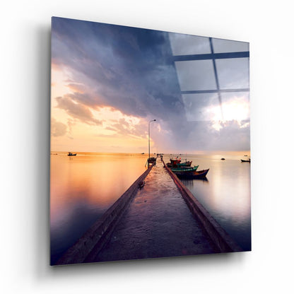 Sunset Jetty and Boats Dock Glass Wall Art