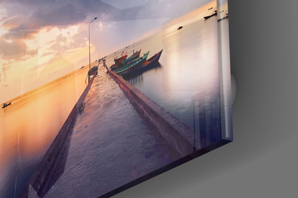 Sunset Jetty and Boats Dock Glass Wall Art