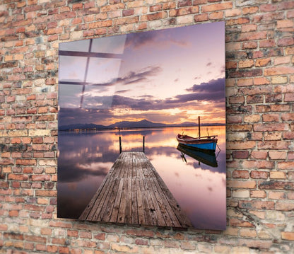 Purple Dusk Boat Dock Glass Wall Art