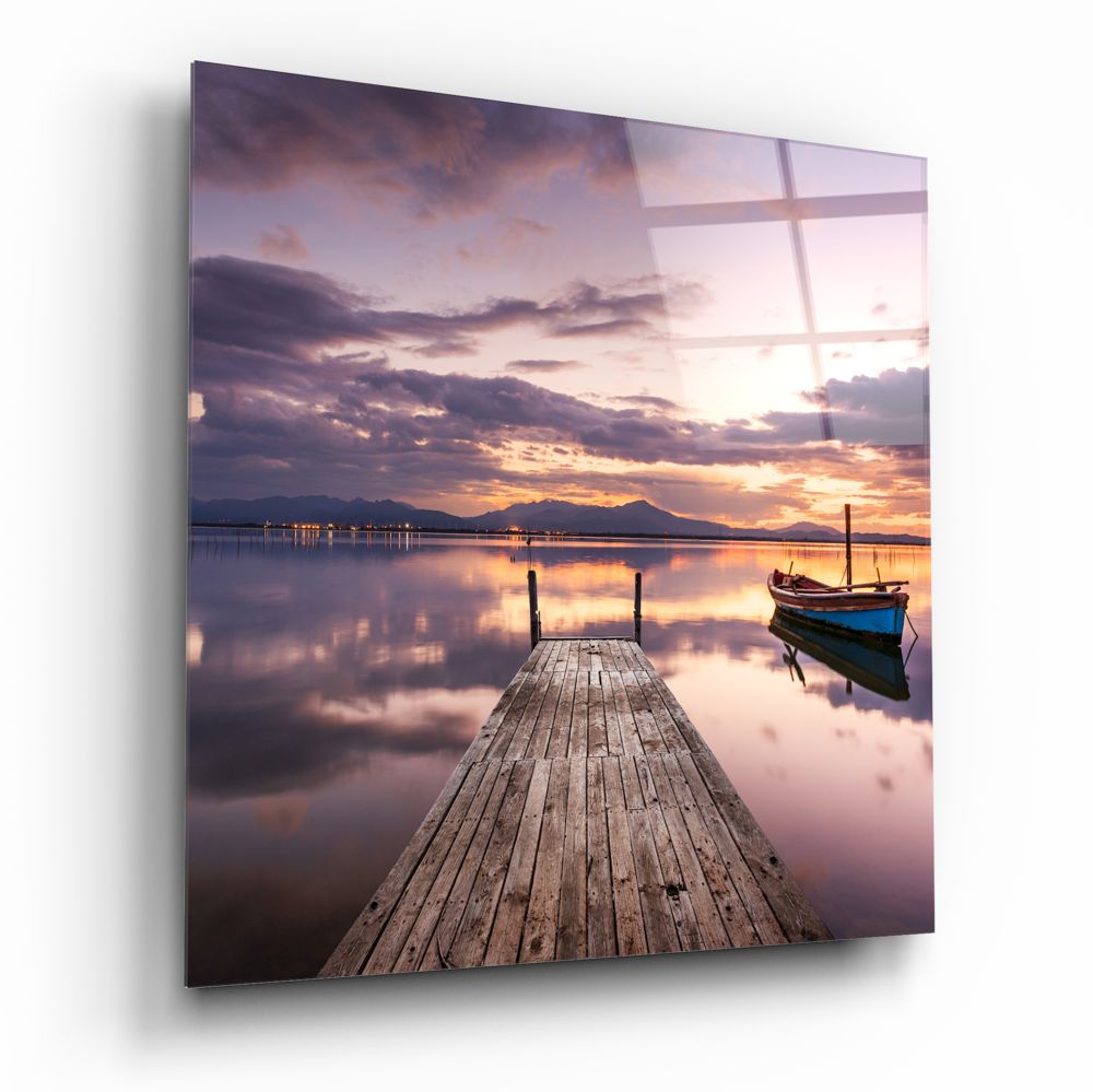 Purple Dusk Boat Dock Glass Wall Art
