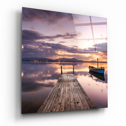 Purple Dusk Boat Dock Glass Wall Art