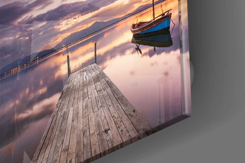 Purple Dusk Boat Dock Glass Wall Art