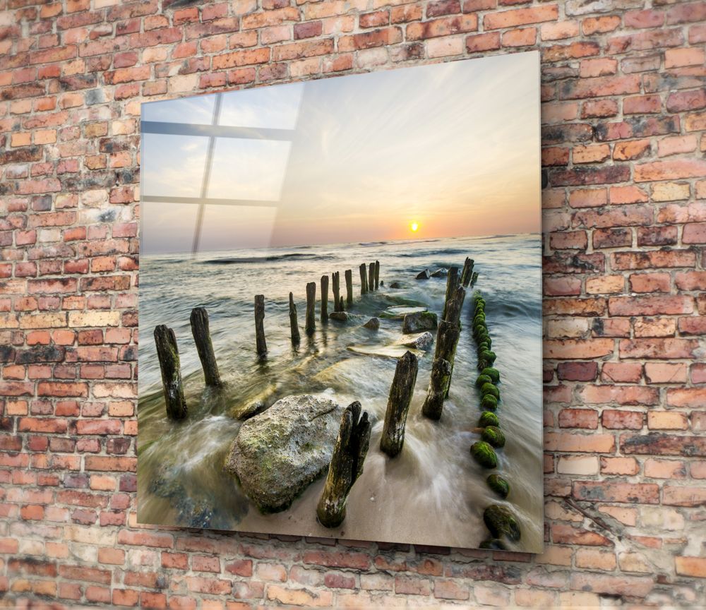 Mossy Sea Groynes Dock Glass Wall Art