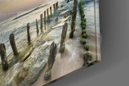 Mossy Sea Groynes Dock Glass Wall Art