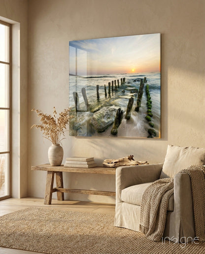 Mossy Sea Groynes Dock Glass Wall Art