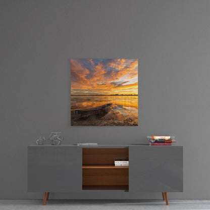 Blazing Sky Lakeside Boat Glass Wall Art
