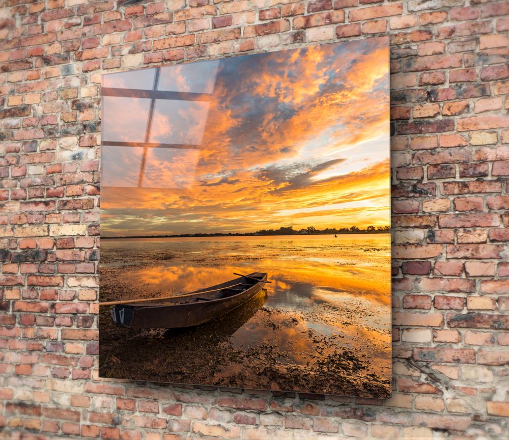 Blazing Sky Lakeside Boat Glass Wall Art