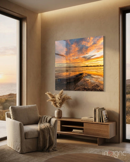 Blazing Sky Lakeside Boat Glass Wall Art