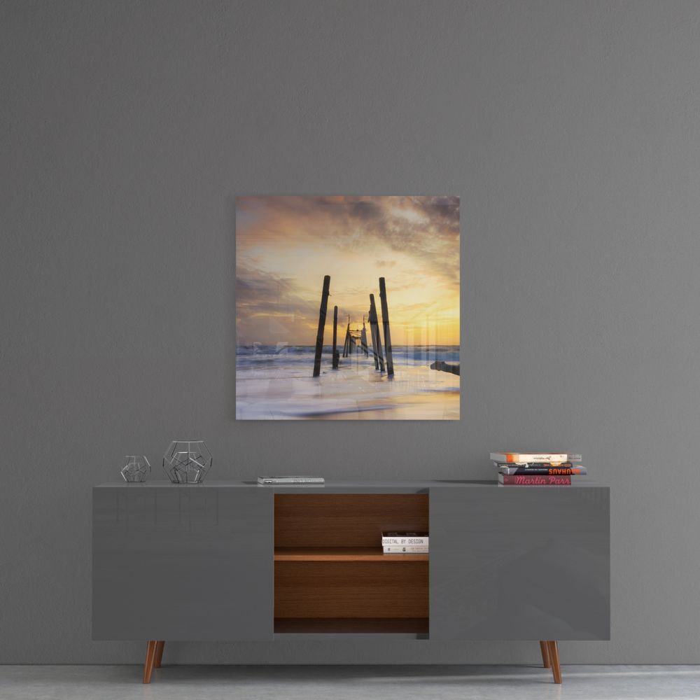 Golden Ruined Pier Dock Glass Wall Art