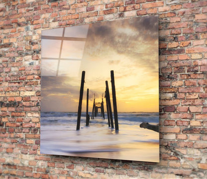 Golden Ruined Pier Dock Glass Wall Art