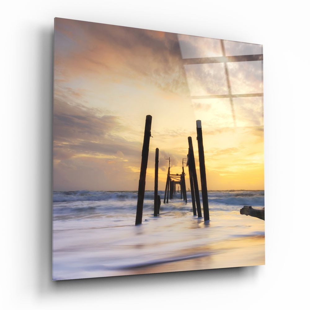 Golden Ruined Pier Dock Glass Wall Art