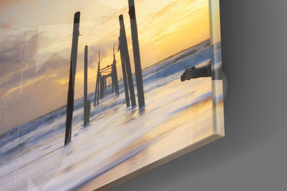 Golden Ruined Pier Dock Glass Wall Art