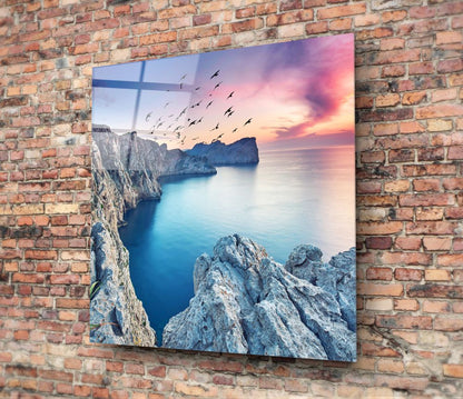 Rocky Cove Flying Birds Sunset Glass Wall Art